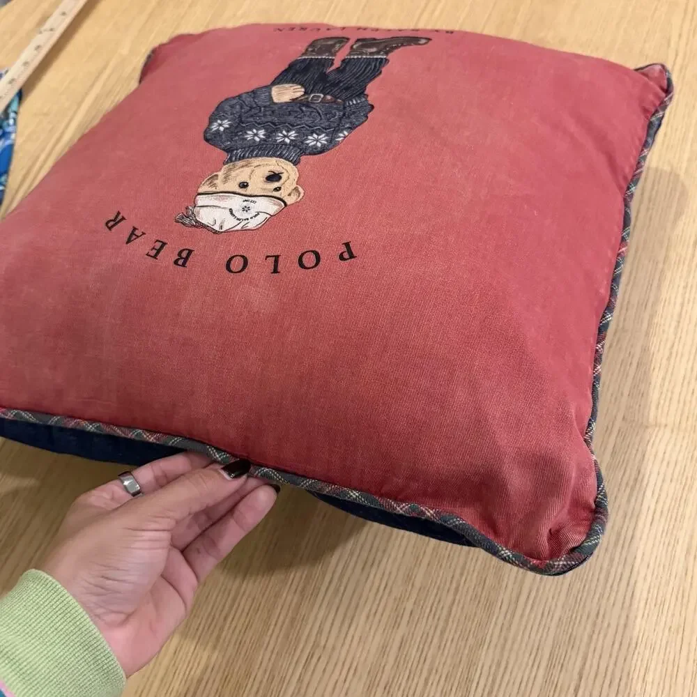 Ralph Lauren Polo Bear Throw Pillow Washed Red 18x18 Square Cotton Blend Indoor